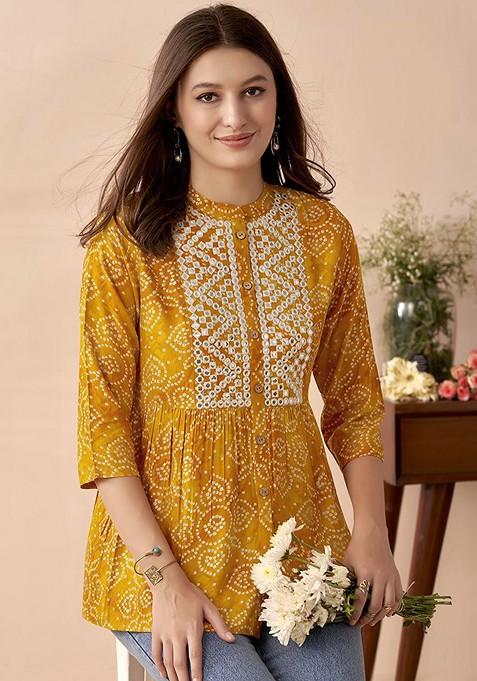 Bandhani Printed Thread Work A-Line Short Kurti