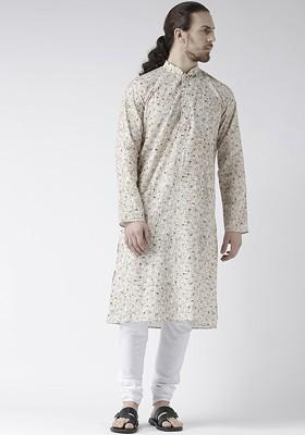 Men Off White And Beige Printed Linen Straight Kurta