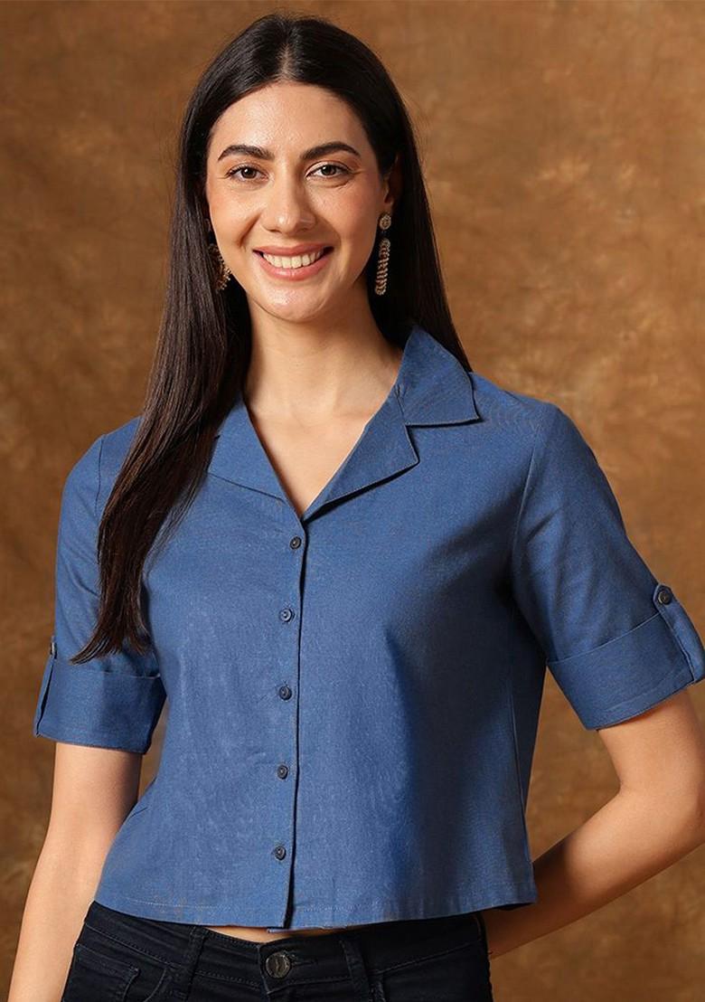 Buy Women Roll-Up Sleeves Cotton Shirt Style Top 30108343 Tops