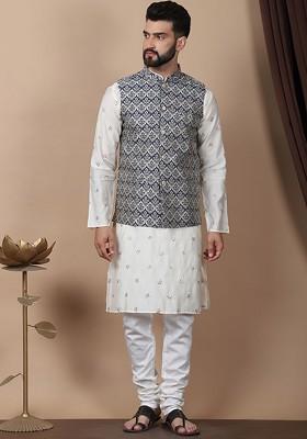 Cream-Coloured Floral Embroidered Cotton Silk Kurta With Churidar And Nehru Jacket