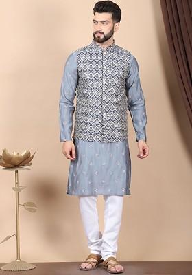 Grey Floral Embroidered Sequinned Cotton Silk Kurta With Churidar And Nehru Jacket