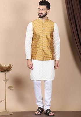 Cream-Coloured Floral Embroidered Pure Cotton Kurta With Churidar And Nehru Jacket