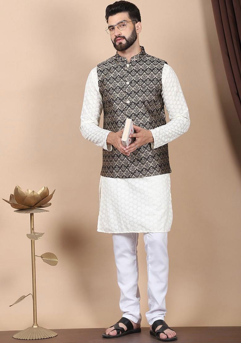Cream-Coloured Floral Embroidered Pure Cotton Kurta With Churidar And Nehru Jacket