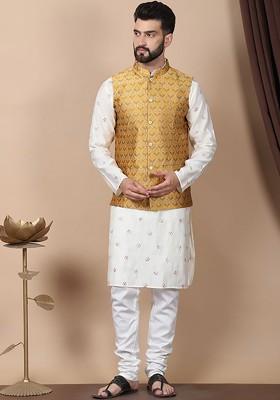 Cream-Coloured Floral Embroidered Cotton Silk Kurta With Churidar And Nehru Jacket