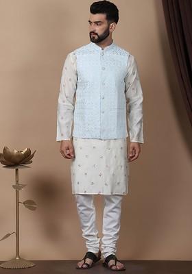 Cream-Coloured Floral Embroidered Cotton Silk Kurta With Churidar And Nehru Jacket