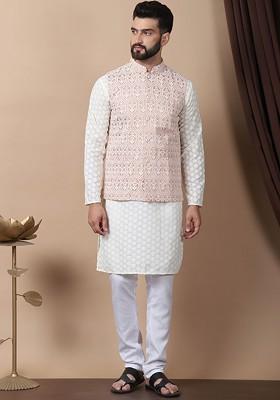 Cream-Coloured Floral Embroidered Pure Cotton Kurta With Churidar And Nehru Jacket