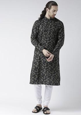 Men Green And Blue Printed Linen Kurta With Cotton Blend Pyjamas