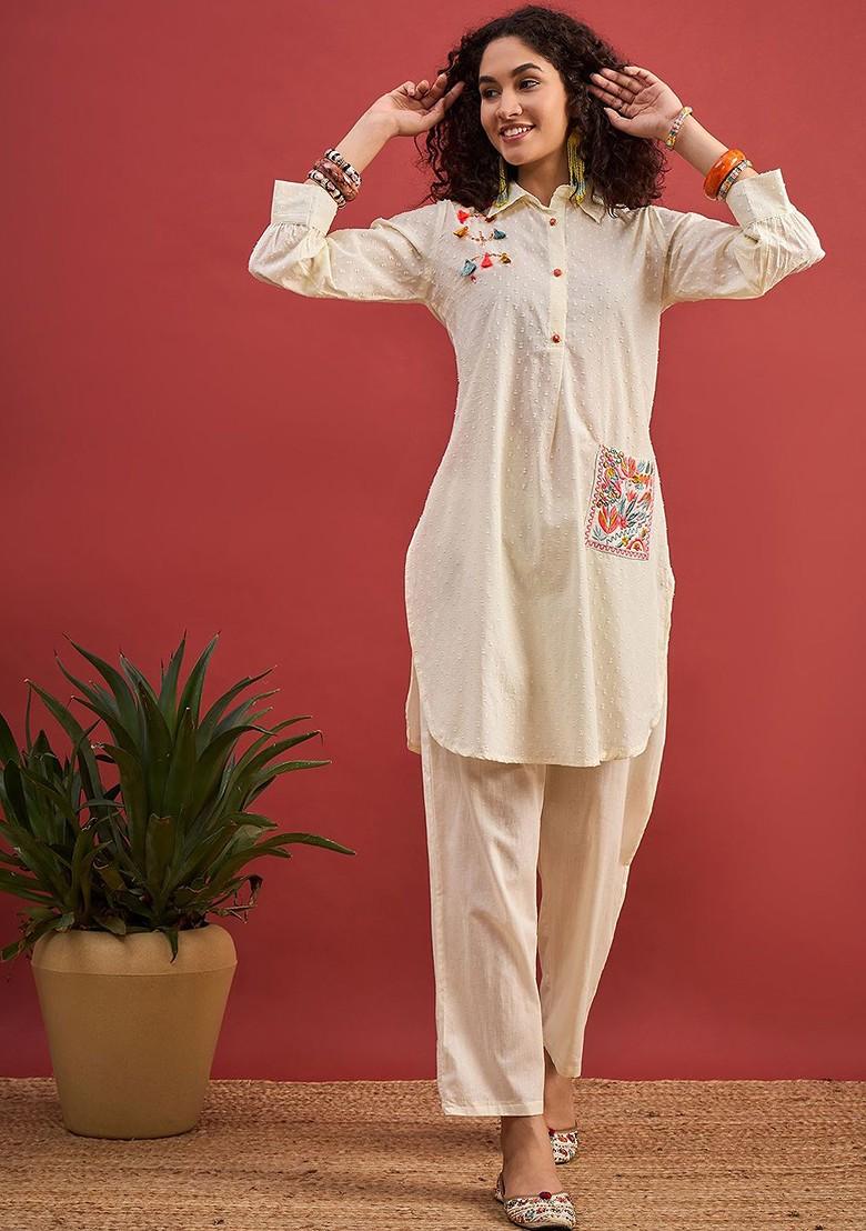 Buy Women Self Design Regular Thread Work Pure Cotton Straight