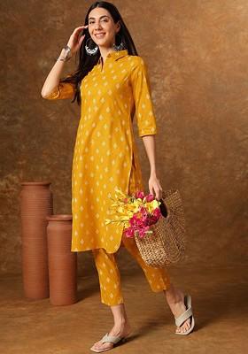 Ethnic Motifs Printed Shirt Collar Regular Pure Cotton A-Line Kurta With Trousers