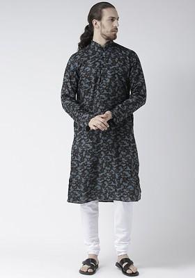 Men Blue And Black Printed Linen Kurta With Cotton Blend Pyjamas