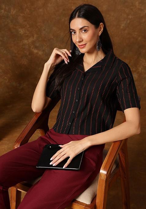 Women Striped Shirt Collar Cotton Top