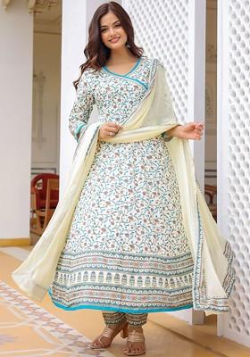 Off White Floral Printed Thread Work Angrakha Anarkali Kurta With Trousers And Dupatta
