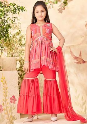 Floral Printed Gotta Patti A Line Georgette Kurti With Sharara And Dupatta