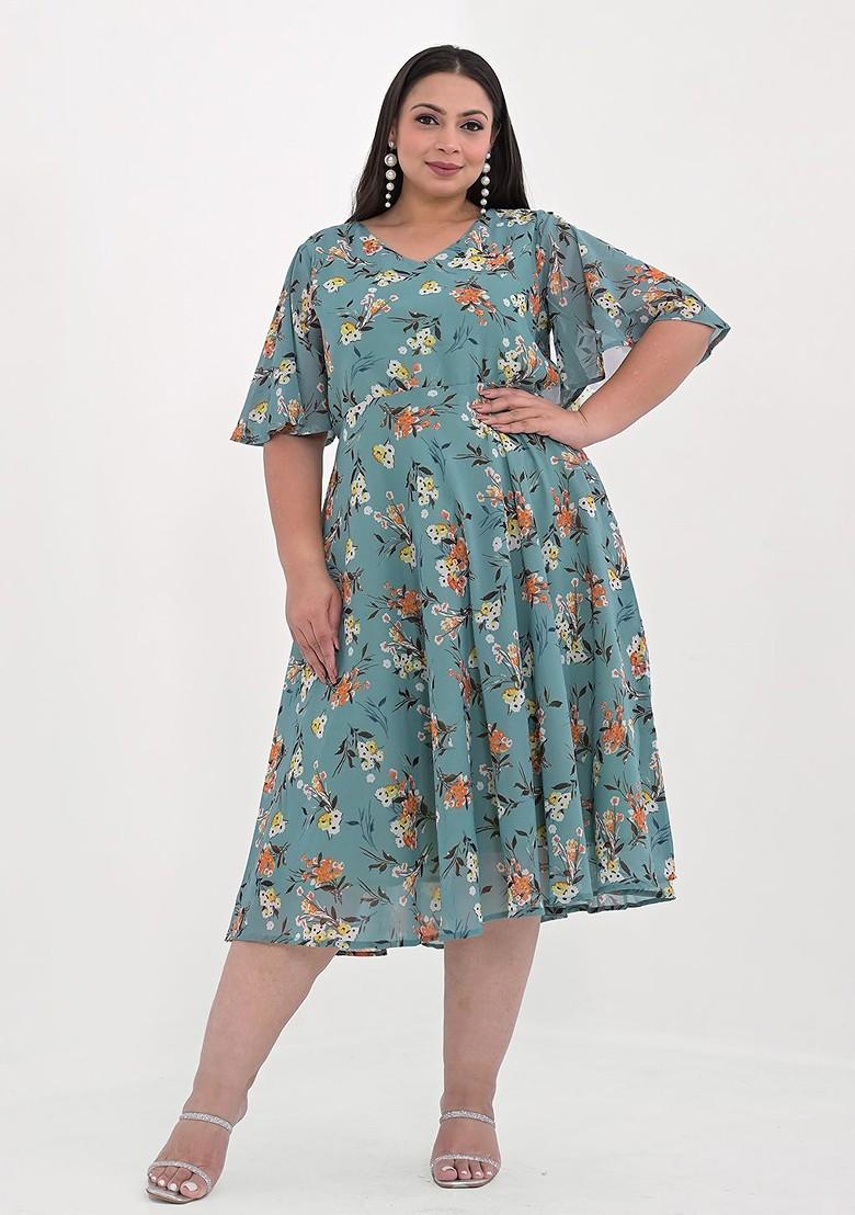 Buy Women Plus Size Floral Printed Flared Sleeve Georgette A-Line