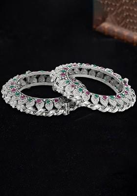 Set Of 2 24 KT Silver Plated Stone Studded Bangles