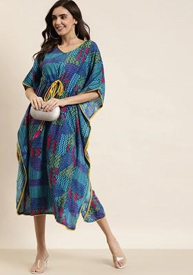 Women Printed V-Neck Kaftan Midi Dress