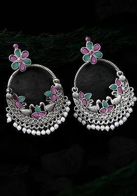 Silver Plated Stones Studded And Bead Circular Drop Earrings