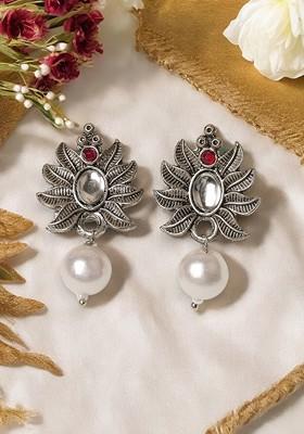 Silver Plated Kundan Stud And Pearl Bead Oxidised Leaf Shaped Drop Earrings