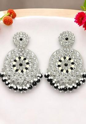 Silver Plated Kundan Stud And Pearl Bead Oxidised Circular Drop Earrings