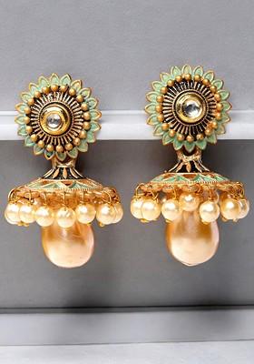 Gold Plated Kundan Stud And Pearl Bead Antique Floral Shaped Jhumka Earrings