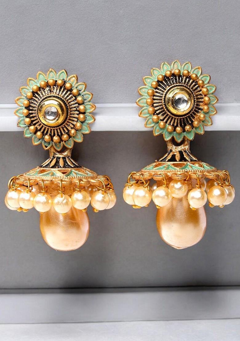 Gold Plated Kundan Stud And Pearl Bead Antique Floral Shaped Jhumka Earrings