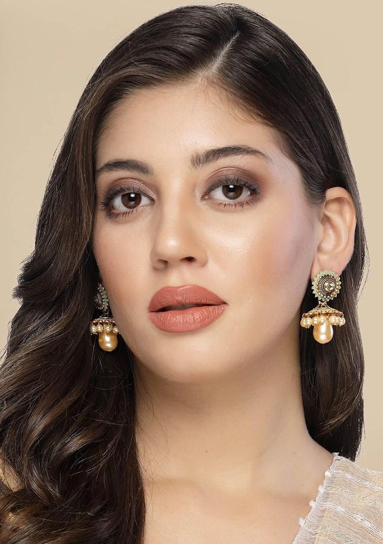 Gold Plated Kundan Stud And Pearl Bead Antique Floral Shaped Jhumka Earrings