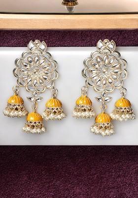 Gold Plated Dome Shaped Kundan Stud And Pearl Bead Meenakari Drop Earrings
