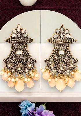 Gold Plated Stone Stud Pearl Antique Drop Earrings
