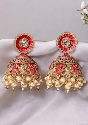 Gold Plated Pearl Bead Dome Shaped Jhumka Earrings