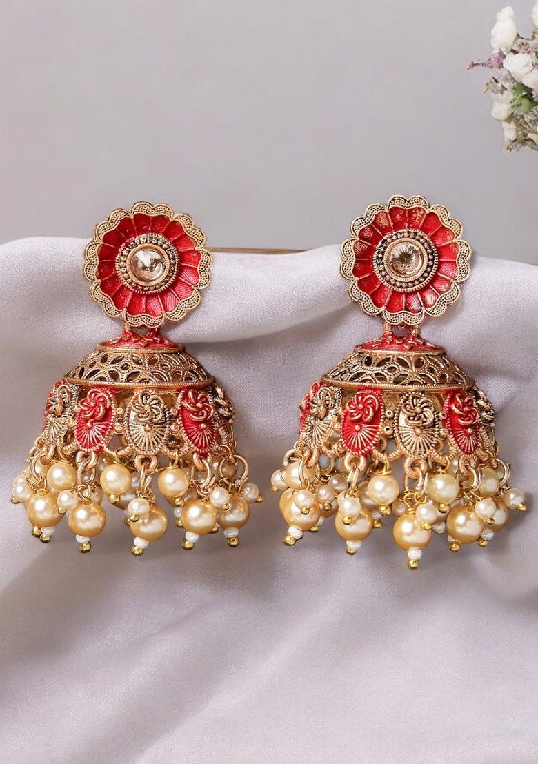 Gold Plated Pearl Bead Dome Shaped Jhumka Earrings