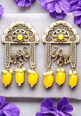 Gold Plated Stone Stud And Pearl Bead Drop Earrings