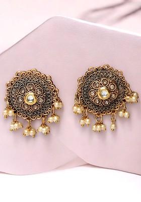 Gold Plated Kundan Stud And Pearl Bead Circular Oversized Stud Earrings