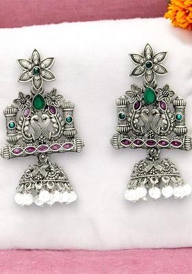Silver Plated Stone Stud And Pearl Bead Peacock Shaped Oxidised Jhumka Earrings