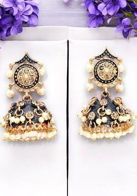 Gold Plated Stone Stud And Pearl Bead Dome Shaped Jhumka Earrings