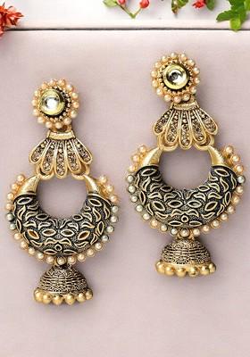 Gold Plated Kundan Stud And Pearl Bead Crescent Shaped Drop Earrings