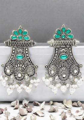 Silver Plated Stone Stud And Bead Peacock Shaped Drop Earrings