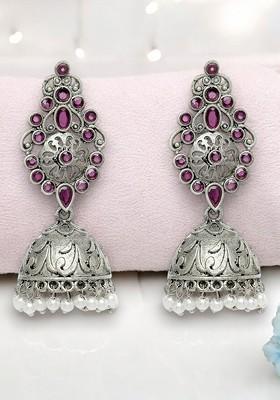 Silver Plated Kundan Stud Dome Shaped Oxidised Jhumka Earrings