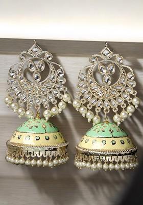 Gold Plated Kundan Stud Meenakari Dome Shaped Jhumka Earrings