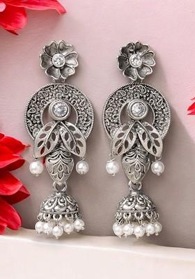 Silver Plated Artificial Stone Stud Oxidised Floral Drop Earrings