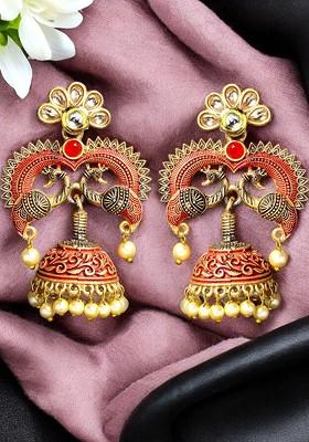 Gold Plated Kundan Stone And Pearl Hand Painted Dome Shaped Jhumka Earrings