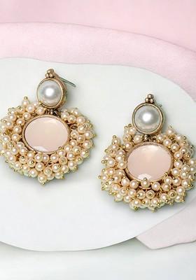 Gold Plated Stone Stud And Bead Classic Drop Earrings