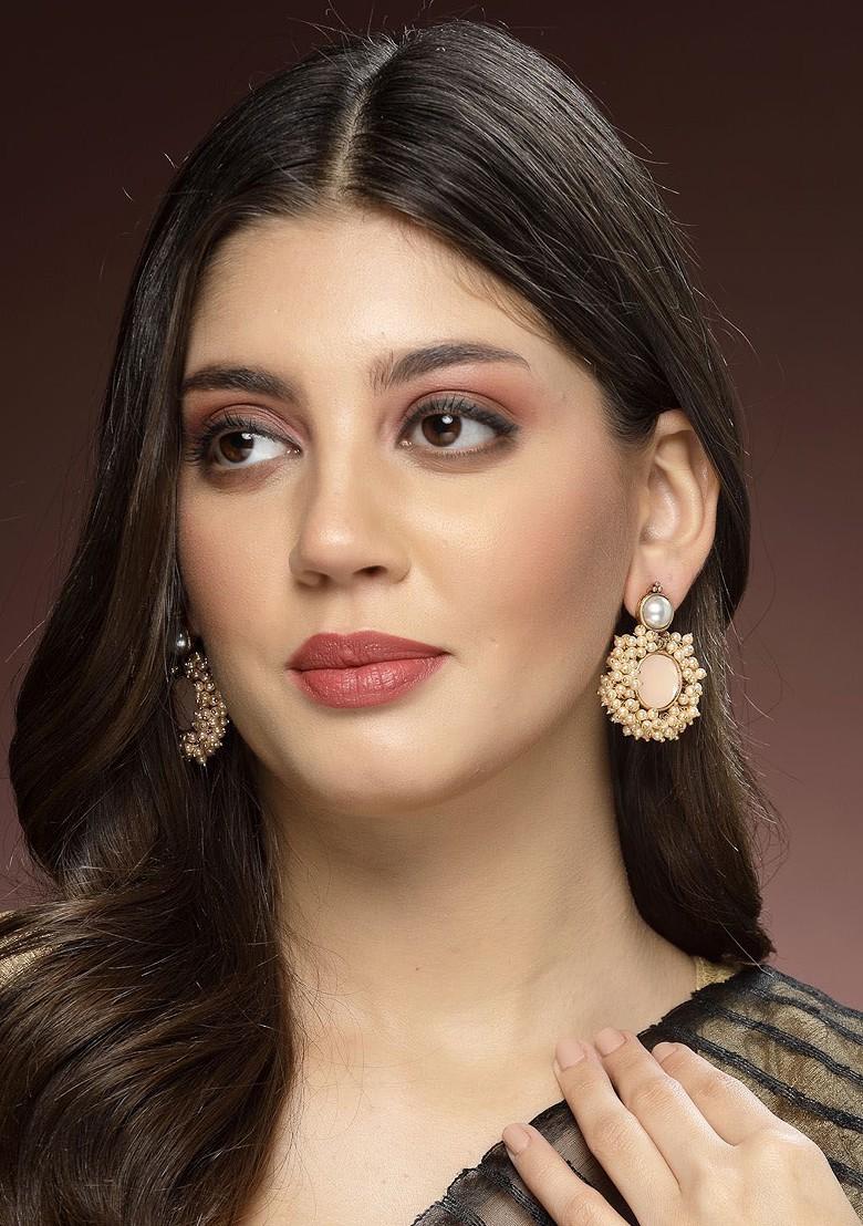 Gold Plated Stone Stud And Bead Classic Drop Earrings