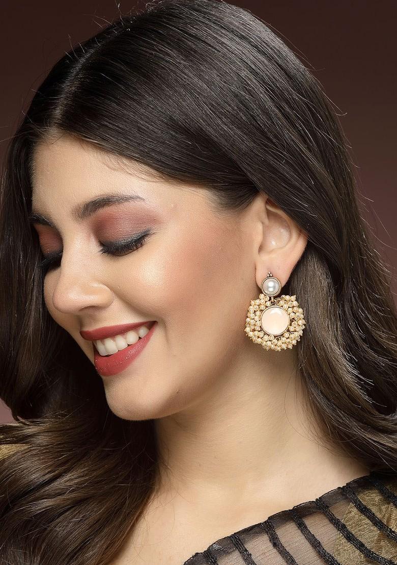 Gold Plated Stone Stud And Bead Classic Drop Earrings