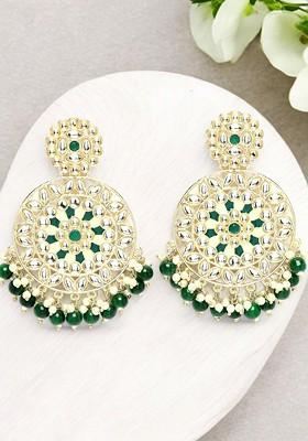 Gold Plated Kundan Stone Stud Pearl Meenakari Circular Shaped Chandbalis Earrings