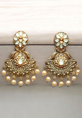 Gold Plated Stone Stud And Pearl Bead Crescent Shaped Drop Earrings