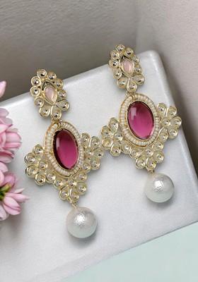 Gold Plated Kundan Stone Stud And Pearl Bead Classic Drop Earrings