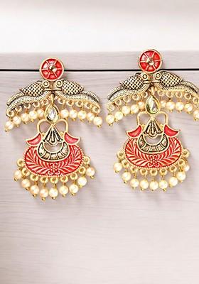 Gold Plated Kundan Stud And Pearl Bead Peacock Shaped Drop Earrings