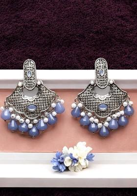 Silver Plated Stone Stud And Pearl Bead Oxidised Drop Earrings