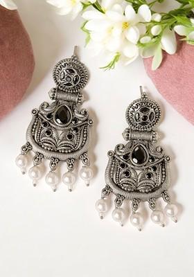 Silver Plated Stone Stud And Pearl Bead Oxidised Drop Earrings