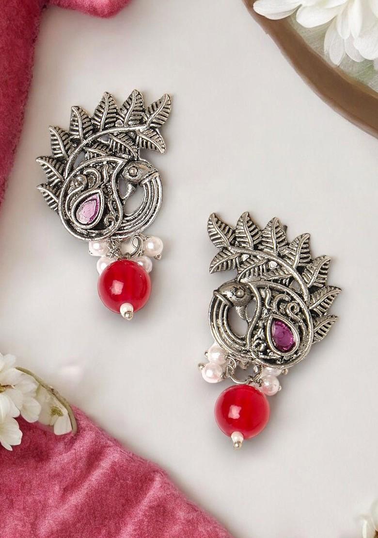 Silver Plated Pearl Bead Oxidised Peacock Shaped Studs Earrings